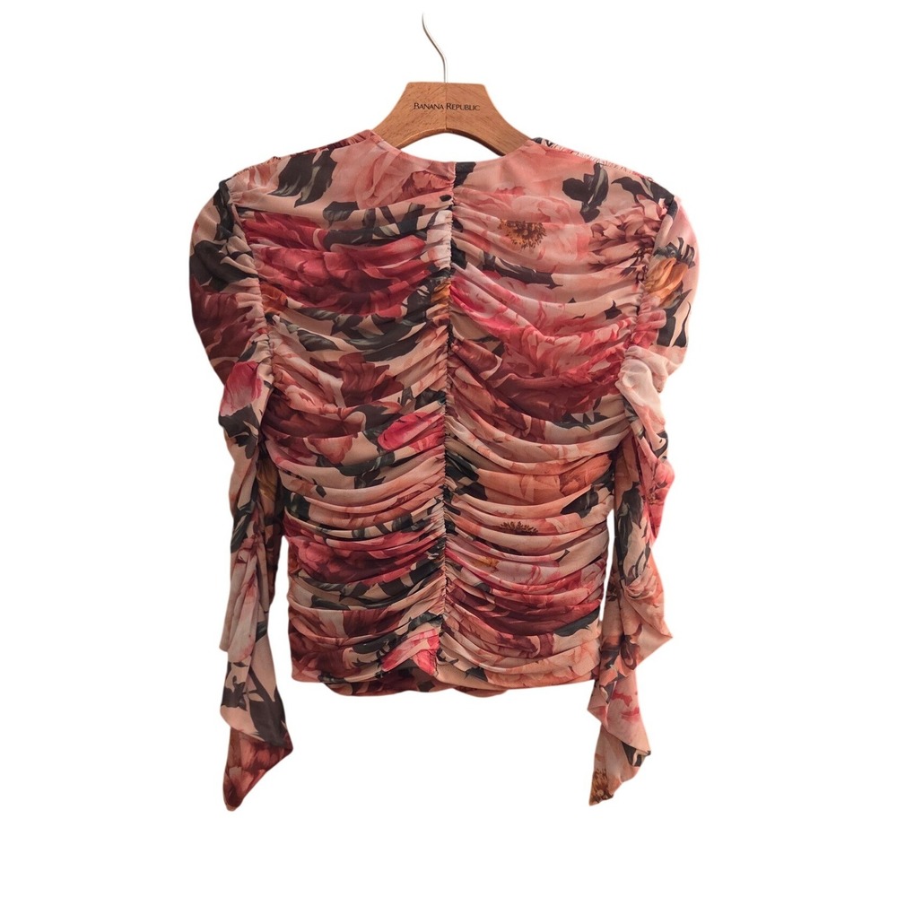 Express Bodycon Floral Ruched Mesh Sweetheart Neck Long Sleeve Top Pink Sz M - Picture 4 of 13